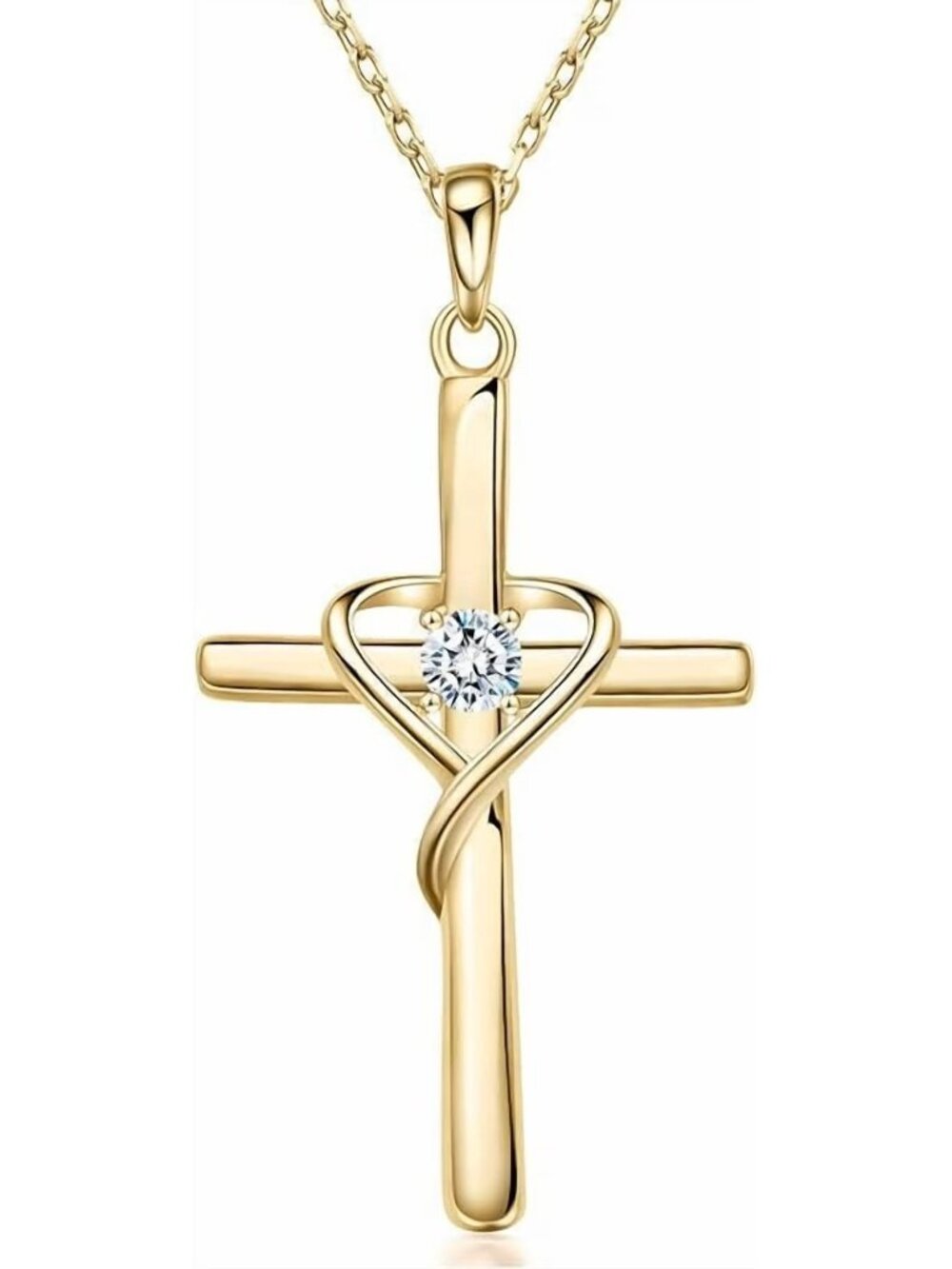 Gold Faith Cross Heart Necklace Crystal Pendant Inspirational Christian Jewelry